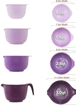 Glad Mixing Bowls with Pour Spout, Set of 4 - Nesting Plastic Bowls (1.2qt, 1.9qt, 2.8qt, and 3qt with Handle) - Non Slip Base, Dishwasher Safe Kitchen Cooking and Baking Supplies, Purple