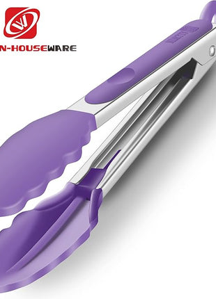 Set of 2 Kitchen Tongs 9-Inch & 12-Inch, Premium Stainless Steel BPA Free Silicone Non-Stick Grilling Barbeque Cooking Locking Food Tongs, Purple