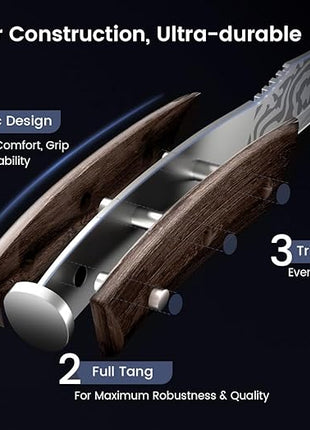 Steak Knives Set of 8, 4.8 Inch Carbon Steel Japanese Style Non Serrated Dinner knives with Wooden Handle, Damascus Pattern Full Tang Design, Housewarming Holiday Cooking Gifts