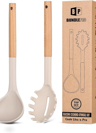 Silicone Pasta Fork and Ladle Spoon Set with Wooden Handle, Heat Resistant Non Stick Kitchen Utensils for Cooking, Stirring, Serving Spaghetti, Soup, Sauce(KHAKI)