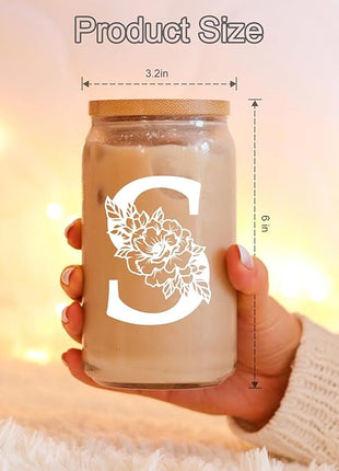 Coolife Initial Glass Cup, Monogrammed Gifts for Women, 16 oz Glass Cups w/Lids Straws, Iced Coffee Smoothie Beer Tumbler w/Straw Lid - Personalized Christmas, Birthday Gifts for Her Mom Friend Woman