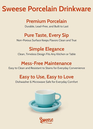 Sweese 8 Ounce Porcelain Stackable Cappuccino Cups with Saucers and Metal Stand - for Specialty Coffee Drinks, Cappuccino, Latte, Americano and Tea - Set of 4, Turquoise