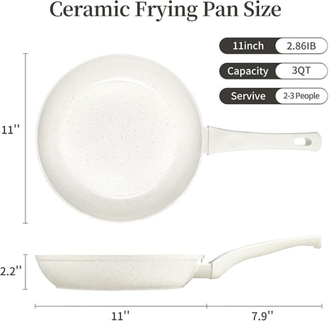 Innerwell Ceramic Non Stick Frying Pan - Non Stick Skillet Frying Pans, Safe&No Toxic Egg Omelette Frying Pan, Large Nonstick Cookware Chef's Pan, Induction Compatible, PFOA&PFAS Free(11inch, White)