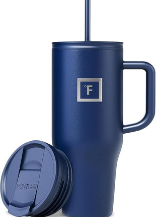 IRON °FLASK Co-Pilot Insulated Mug w/Straw & Flip Cap Lids - Cup Holder Bottle for Hot, Cold Drink - Leak-Proof - Water, Coffee Portable Travel Mug - Twilight Blue, 32 Oz