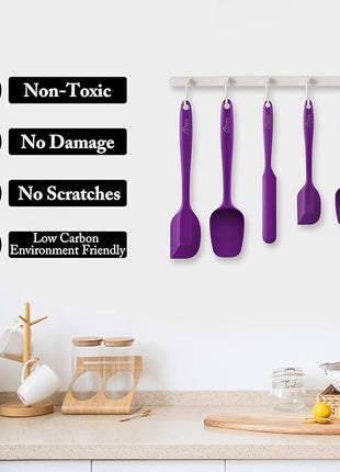 HOTEC 600℉ Heat Resistant BPA-Free Silicone Rubber Spatula Set for Baking, Cooking, and Mixing Non Stick Dishwasher Safe, Purple Set of 5