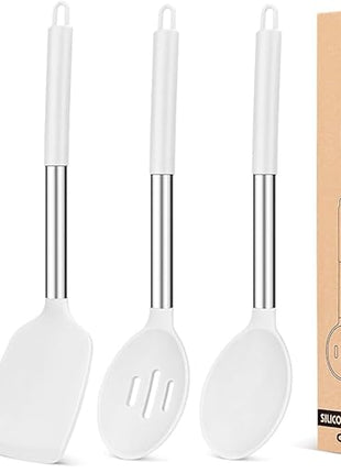 Pack of 4 Silicone Cooking Utensils Set, Non Stick Large Solid Spatulas, Heat Resistant Slotted Spoons, Ideal BPA Free Kitchen Turners for Frying, Mixing,Serving,Draining,Turning,Stirring (WHITE)