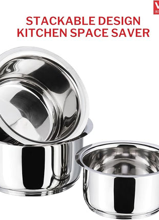 Vinod Stainless Steel 3 pc Pot Set with Capacity of 1.4 litres, 1.8 litres & 2.2 litres with Stainless Steel Lids (Gas Stove and Induction Friendly) - Silver,