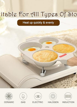 Egg Pan Fried Egg Pan, Egg Frying Pan with Lid Nonstick 4 Cups Pancake Pan Aluminium Alloy Cooker for Breakfast, Gas Stove & Induction Compatible (White)