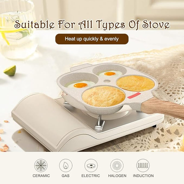 Egg Pan Fried Egg Pan, Egg Frying Pan with Lid Nonstick 4 Cups Pancake Pan Aluminium Alloy Cooker for Breakfast, Gas Stove & Induction Compatible (White)