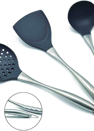 Silicone Stainless Steel Kitchen Utensils Set, 3-Pieces Flexible Silicone Head Cooking Utensil with Wok Spatula, Ladle, Slotted Spoon (Grey)