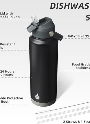 BJPKPK Insulated Water Bottle with Straw Lid, 40oz Large Thermo, BPA Free Leak Proof Stainless Steel Metal Water Bottles, Tumblers, Cups, Flasks for Travel, Sports,Black