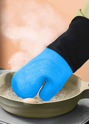 sungwoo Extra Long Silicone Oven Mitts, Heat Resistant Oven Gloves with Quilted Liner Non-Slip Textured Grip Perfect for BBQ, Baking, Cooking and Grilling - 1 Pair 14.6 Inch Blue & Black