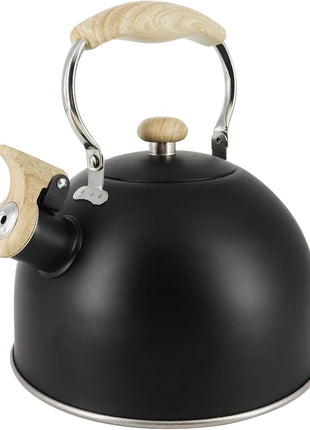 Lily's Home Whistling Tea Kettle, Teapot for Stovetop, Pleasant Whistle Sound, Heat Resistant Plastic Handle – Faux Wood Finish, Non Toxic Stove Kettle for Boiling Water - 2.5 Quarts (Black)