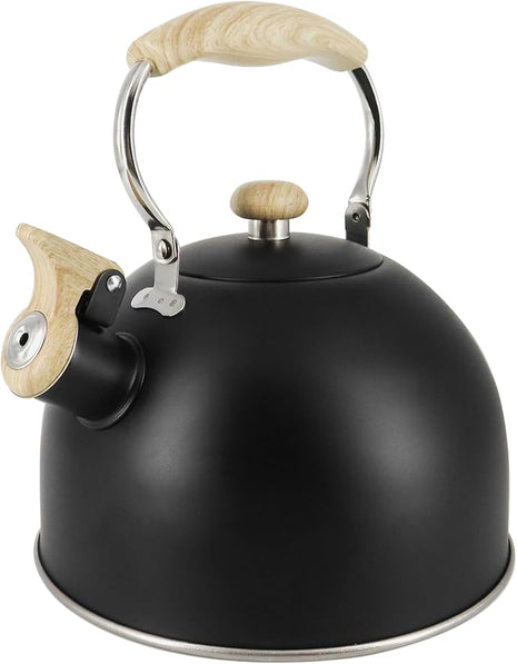 Lily's Home Whistling Tea Kettle, Teapot for Stovetop, Pleasant Whistle Sound, Heat Resistant Plastic Handle – Faux Wood Finish, Non Toxic Stove Kettle for Boiling Water - 2.5 Quarts (Black)