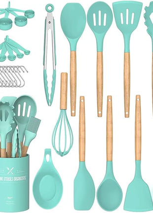 Umite Chef Kitchen Cooking Utensils Set, 24 pcs Non-stick Silicone Cooking Kitchen Utensils Spatula Set with Holder, Wooden Handle Heat Resistant Silicone Kitchen Gadgets Utensil Set (Green)