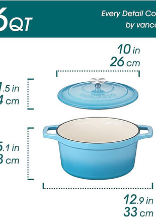 vancasso 6 QT Enameled Cast Iron Dutch Oven With Lid - Round Blue Pot With Non-Stick Enamel Coating for Bread Baking
