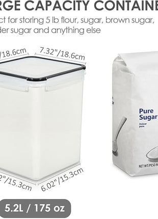 Vtopmart 4 PCS Large Food Storage Containers 5.2L / 175oz, 4 Pieces BPA Free Plastic Airtight Canisters for Flour, Sugar, Baking Supplies, Rice with Lids, 4 Measuring Cups and 24 Labels, Black
