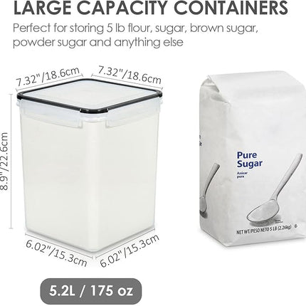 Vtopmart 4 PCS Large Food Storage Containers 5.2L / 175oz, 4 Pieces BPA Free Plastic Airtight Canisters for Flour, Sugar, Baking Supplies, Rice with Lids, 4 Measuring Cups and 24 Labels, Black