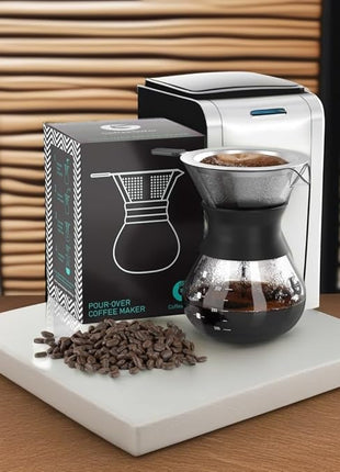 Coffee Gator Pour Over Coffee Maker Portable - 10.5oz High Heat Borosilicate Glass w/Reusable Stainless Steel Filter, Drip Coffee Brewer Pourover Dripper Set Carafe, 300ml Black