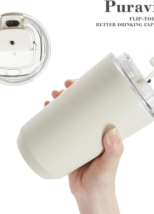 Puraville 2 Pack Insulated Tumblers with Lid, 14 oz Travel Coffee Mug Stainless Steel Vacuum Cup, Leak Proof Double Walled Coffee Tumbler for Iced and Hot Drinks, Peacock Blue and Cream