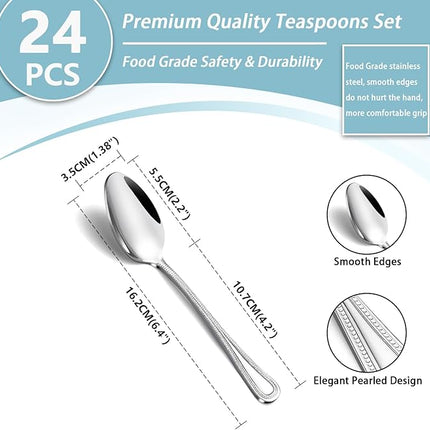 24 Pieces Teaspoons Set, 6.4 Inches Spoon Set, Stainless Steel Silverware, Small Spoons with Pearl Dot Design Handle, Dishwasher Safe, Tea Spoons Suitable for Home and Restaurant