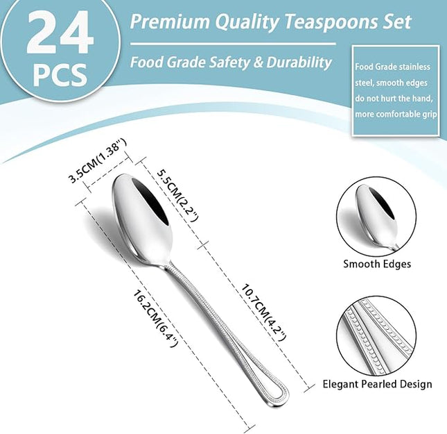 24 Pieces Teaspoons Set, 6.4 Inches Spoon Set, Stainless Steel Silverware, Small Spoons with Pearl Dot Design Handle, Dishwasher Safe, Tea Spoons Suitable for Home and Restaurant