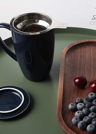 Sweejar Porcelain Tea Infuser Cup with Lid, 16 oz Tea Cup with Strainers for Loose Leaf Tea, Microwave and Dishwasher Safe Coffee Mug, Tea Steeping Mug for Tea Drinkers,Christmas Gift (Navy)