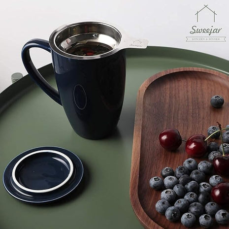 Sweejar Porcelain Tea Infuser Cup with Lid, 16 oz Tea Cup with Strainers for Loose Leaf Tea, Microwave and Dishwasher Safe Coffee Mug, Tea Steeping Mug for Tea Drinkers,Christmas Gift (Navy)