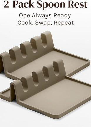 Cream Silicone Spoon Rest for Stove Top with Drip Pad (Two Pack) - Heat-Resistant, BPA-Free Utensil Rest & Spoon Holder for Kitchen Counter - Grill Utensil Holder for Spatulas, Tongs, Ladles