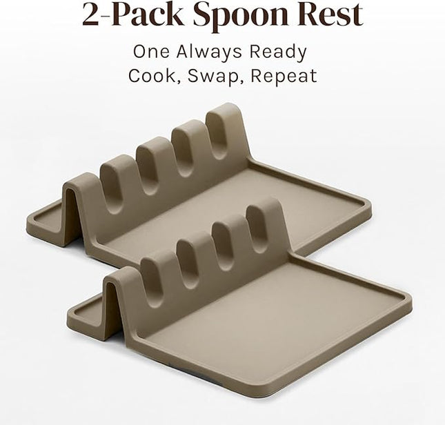 Cream Silicone Spoon Rest for Stove Top with Drip Pad (Two Pack) - Heat-Resistant, BPA-Free Utensil Rest & Spoon Holder for Kitchen Counter - Grill Utensil Holder for Spatulas, Tongs, Ladles