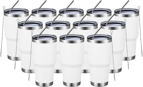 MEWAY 30oz Insulated Tumbler With Lids and Straws,Stainless Steel Double Vacuum Coffee Tumbler Cup, Brush, Durable Powder Coated Coffee Cup for Cold & Hot Drinks, Office, Travel(White,12 PACK)