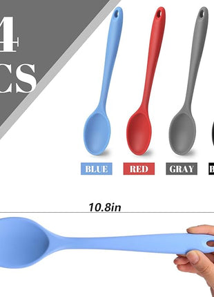 HAKSEN 4PCS Silicone Spoons for Cooking, 10.8'' Heat Resistant Mixing Spoons for Nonstick Cookware, Silicone Kitchen Utensils for Baking Stirring Serving Food, Sturdy and Durable