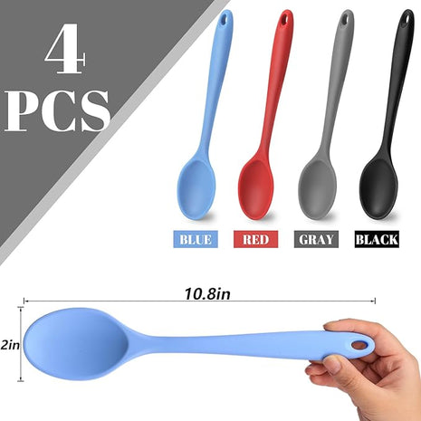 HAKSEN 4PCS Silicone Spoons for Cooking, 10.8'' Heat Resistant Mixing Spoons for Nonstick Cookware, Silicone Kitchen Utensils for Baking Stirring Serving Food, Sturdy and Durable