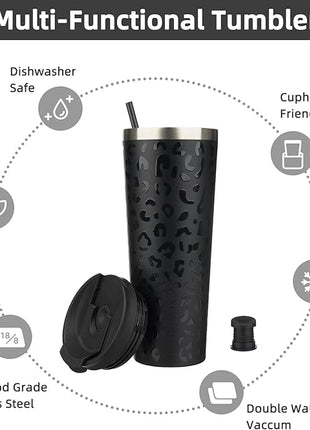 BJPKPK 30oz Insulated Tumbler With lid And Straw Stainless Steel Tumblers Travel Coffee Mug Reusable Thermal Cup,Black Leopard