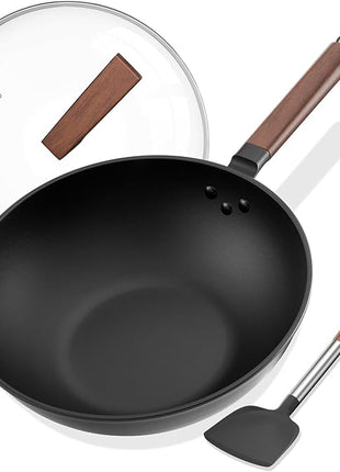 Carbon Steel Wok - Including Glass Cover and Silicone Spatula, 13-Inch Woks & Stir-Fry Pans for Induction, Electric, Gas Stoves