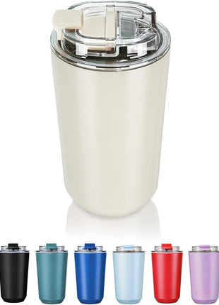 Puraville Insulated Tumblers with Lid, 14 oz Travel Coffee Mug Stainless Steel Vacuum Cup, Leak Proof Reusable Double Walled Coffee Tumbler for Iced and Hot Drinks, Cream