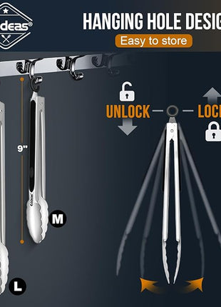 Kitchen Tongs - 9" and 12" Tongs for cooking, Heat Resistant 600 Degrees Stainless Steel Metal Tong and Non-Slip Handle - Perfect for Cooking, Salad and BBQ, Set of 2