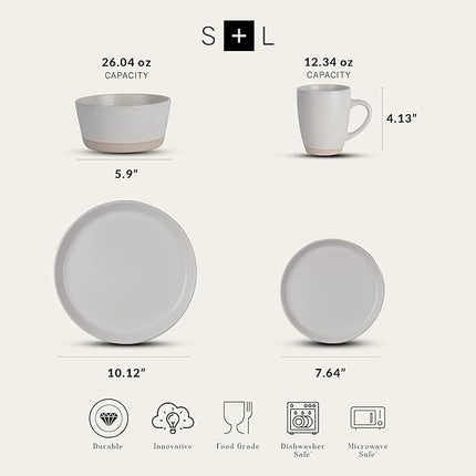Stone Lain Jules Stoneware Dinnerware, Plates and Bowls, Dish Set for 4, Off White, Microwave & Dishwasher Safe, 16-Piece