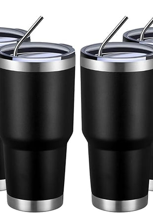 MEWAY 30oz Insulated Tumbler With Lids and Straws,Stainless Steel Double Vacuum Coffee Tumbler Cup, Brush, Durable Powder Coated Coffee Cup for Cold & Hot Drinks, Office, Travel(Black,4 PACK)