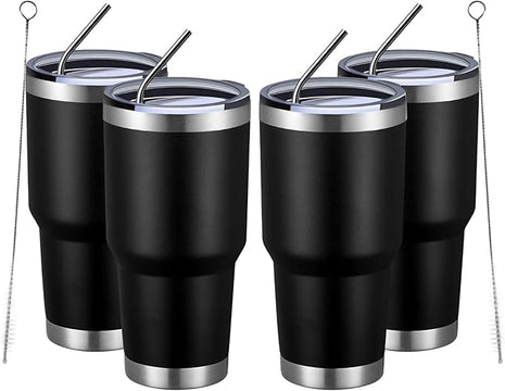 MEWAY 30oz Insulated Tumbler With Lids and Straws,Stainless Steel Double Vacuum Coffee Tumbler Cup, Brush, Durable Powder Coated Coffee Cup for Cold & Hot Drinks, Office, Travel(Black,4 PACK)