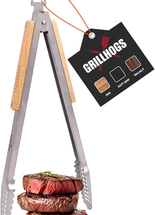 12" Tongs 18/0 Stainless Steel BBQ Grill Tongs with Ergonomic Real Oak Wood Handle for Cooking - Durable Grilling Accessory, Tongs for Cooking & Kitchen, Outdoor Barbecue, Easy to Clean