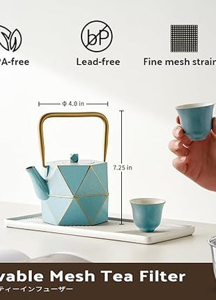 Toptier Cast Iron Teapot, Stovetop Safe Japanese Cast Iron Tea Kettle, Diamond Design Tea Pot with Removable Infuser for Loose Tea, 30 Ounce (900 ml), Blue