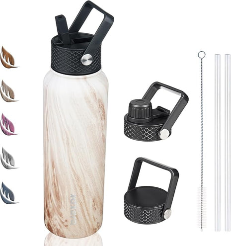 BJPKPK Insulated Water Bottles with Straw Lid, 40oz Stainless Steel Water Bottles with 3 Lids, BPA Free Leakproof Thermo, Tumblers, Cups for Sports-Wood Yellow Gray