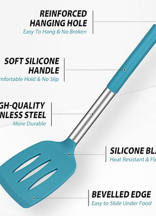 Pack of 4 Large Silicone Cooking Spatulas and Spoons, Slotted and Solid Stainless Steel Cooking Utensils Set, Non-stick Heat Resistant Kitchen for Baking, Fried, Stir-Fry, Mixing, Serving (Blue)