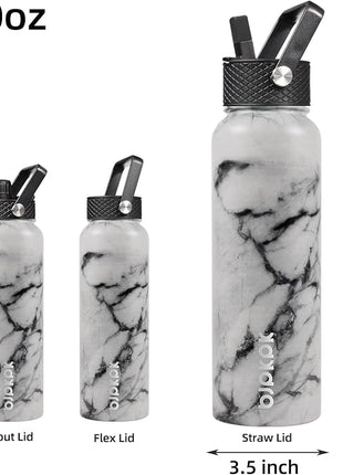 BJPKPK Insulated Water Bottles with Straw Lid, 40oz Stainless Steel Water Bottles with 3 Lids, BPA Free Leakproof Thermo, Tumblers, Cups for Sports, Gym-Carrara Marble