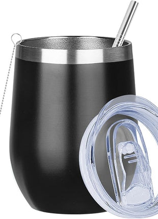 MEZMUT 12 Oz Insulated Wine Tumbler with Lid Double Wall Vacuum Stainless Steel Wine Glass Coffee Mug Insulated Tumbler Cup for Champaign, Cocktail, Beer (Black, 1 Pack)