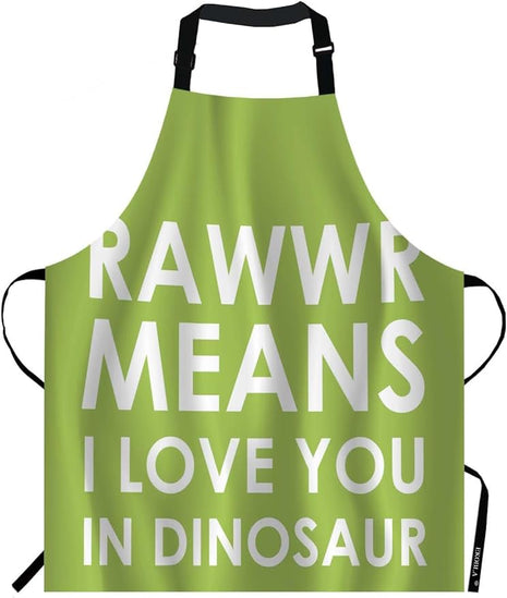 EKOBLA Rawwr Means I Love You In Dinosaur Aprons Funny Cute Phrase Green White Waterproof Resistant Chef Cooking Kitchen BBQ Adjustable Aprons for Women Men 27x31 Inch