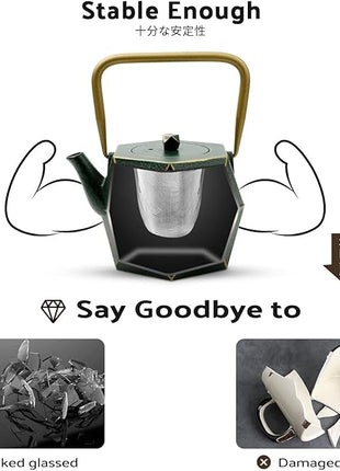 Toptier Cast Iron Teapot, Stovetop Safe Japanese Cast Iron Tea Kettle, Diamond Design Tea Pot with Removable Infuser for Loose Tea, 30 Ounce (900 ml), Dark Green