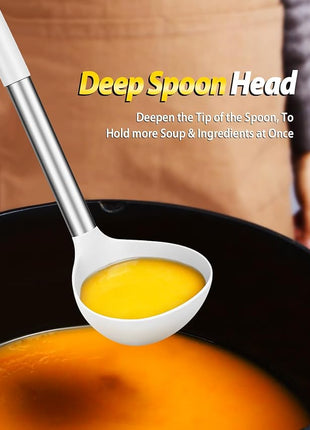 Silicone Pasta Fork and Ladle Spoon Set, Large Non Stick Kitchen Utensils for Cooking,Stirring,Serving Spaghetti, Soup, Sauce (WHITE)