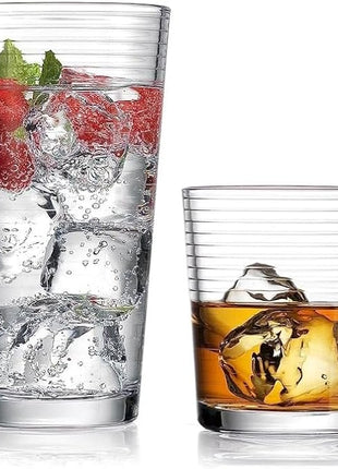 Drinking Glasses - Set of 8 Glass Cups, 4 Highball Glasses (17oz) 4 Rocks Glasses (13oz) Ribbed Glasses for Mixed Drinks, Water, Juice, beer, Wine, Excellent Gift!